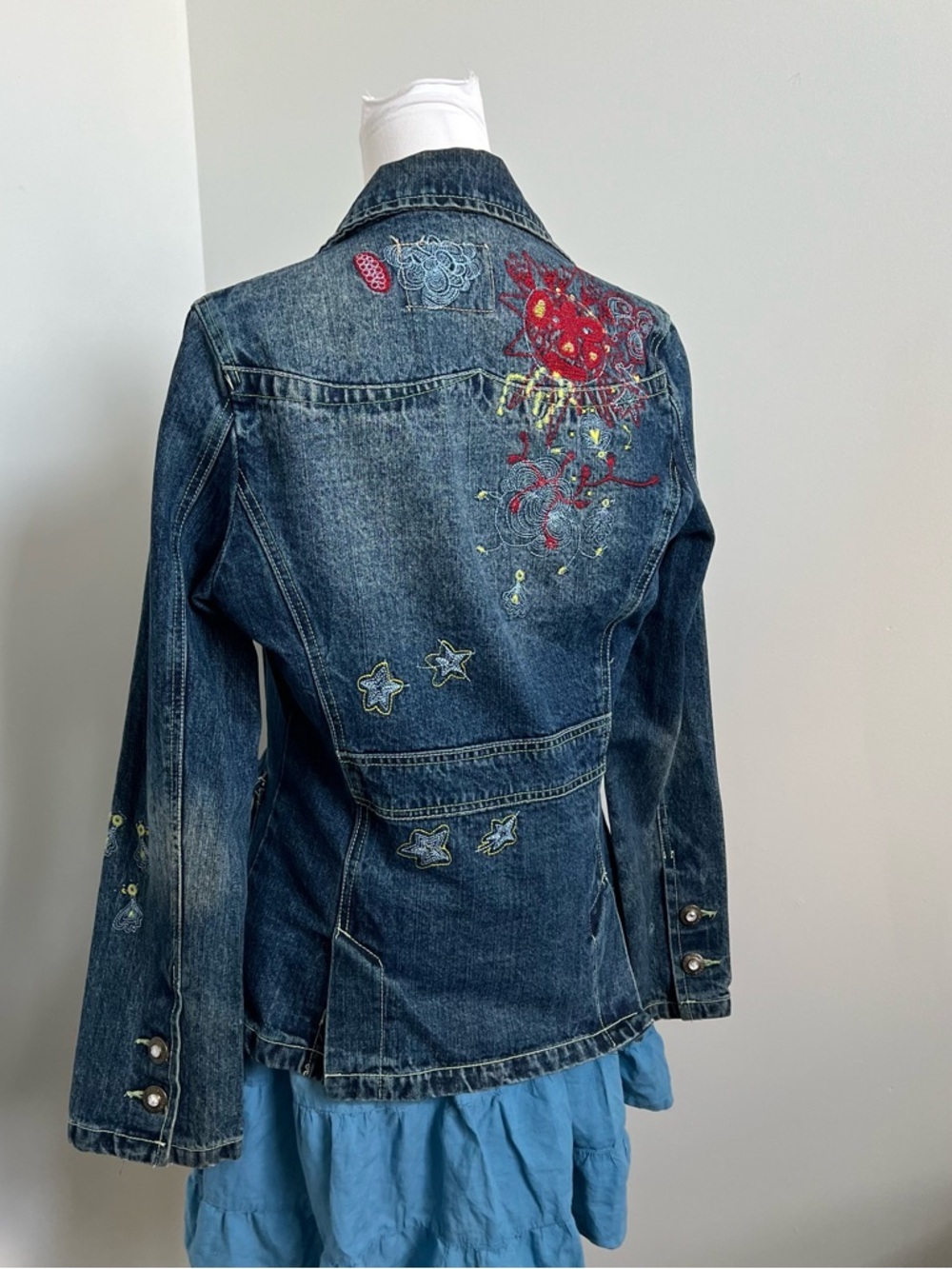 Vintage Embroidered Denim Coat – Boho Fairycore Y2K Jacket S - Picture 6 of 9
